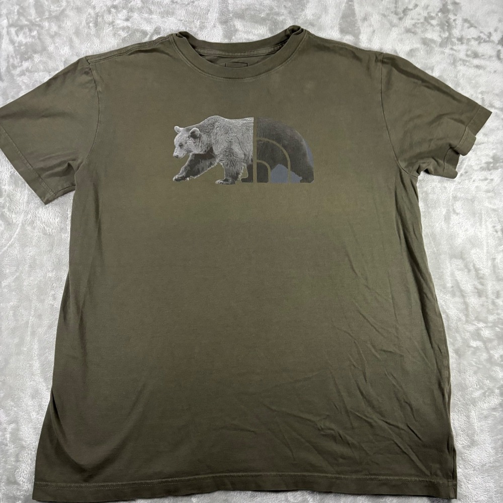 The North Face Boys XXL 18/20 Grizzly Bear‎ Logo Graphic Tee Olive Green Cotton